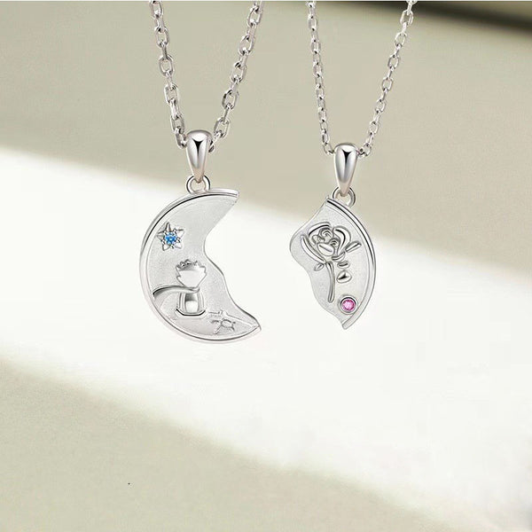 Little Prince Rose Flower Couple Necklace