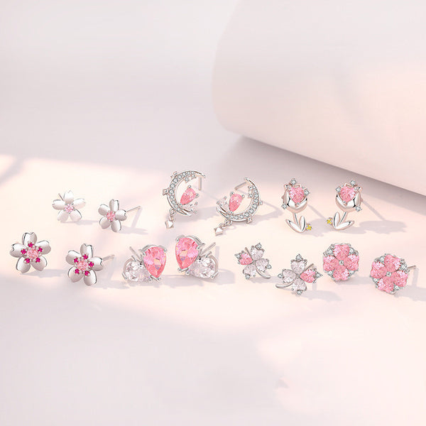 Pink Flower Moon Heart Stud Earrings