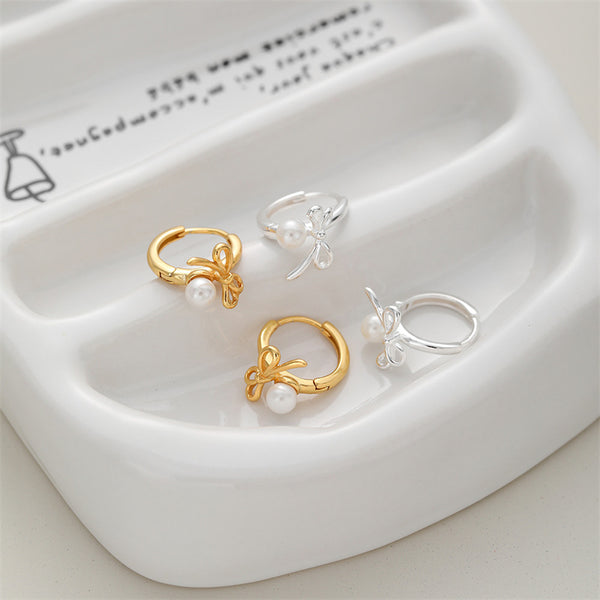 Bowknot Pearl Huggie Earrings