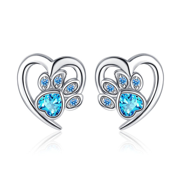 Blue Dog Paw Heart Stud Earrings