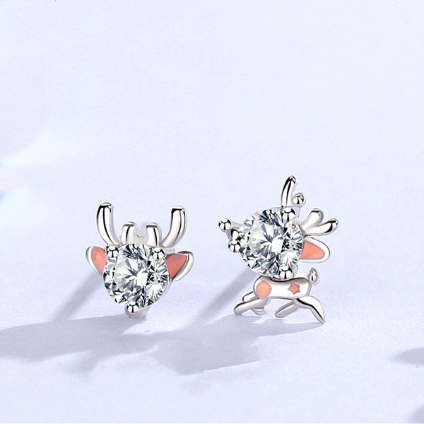 Pink Enamel Deer Mismatch Stud Earrings