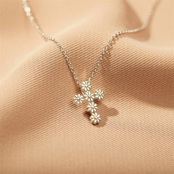 Daisy Flower Cross Pendant Necklace