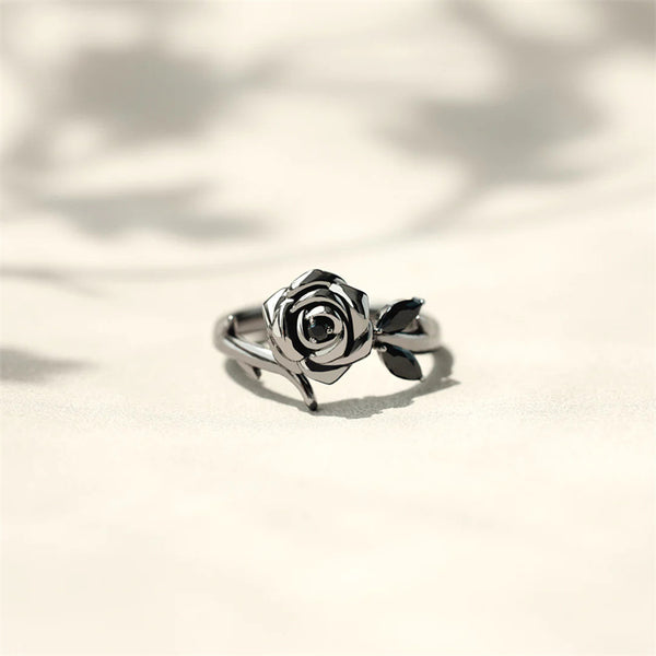 Dainty Black Rose Flower Stacking Ring