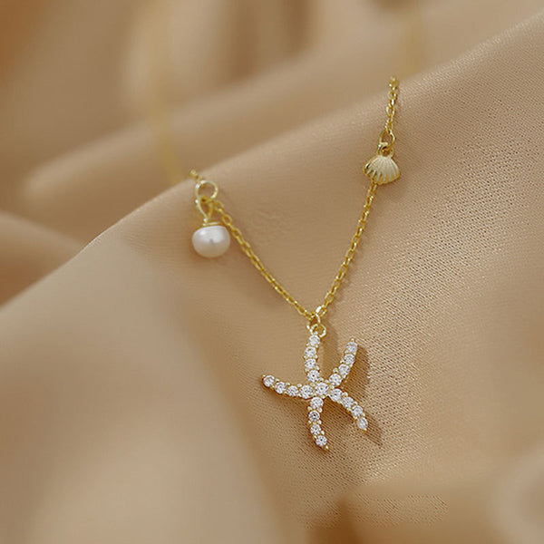 Starfish Seashell Pearl Charm Necklace