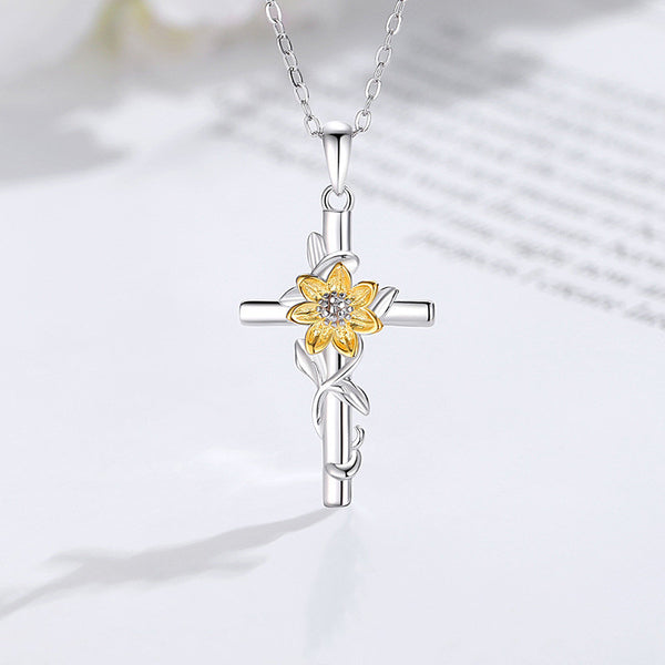 Gold Sunflower Cross Necklace