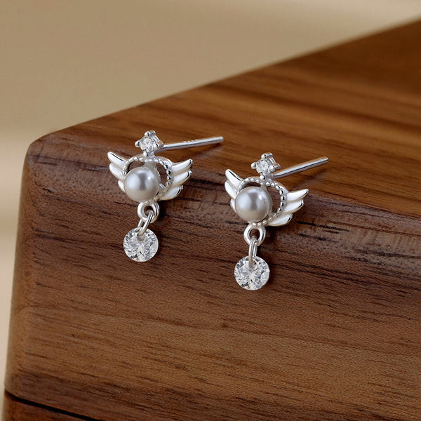 Dainty Pearl Heart Wing Earrings