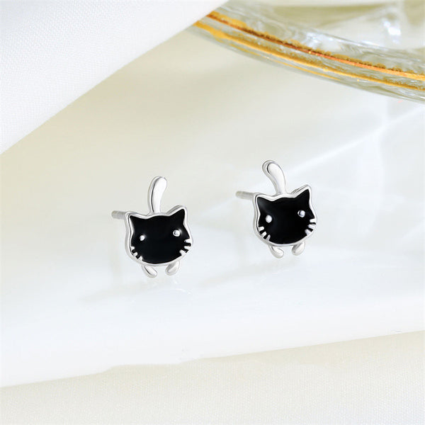 Black Enamel Cat Stud Earrings