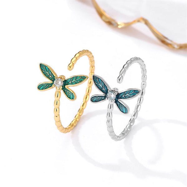 Green Enamel Dragonfly Ring