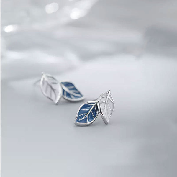 Blue Enamel Leaf Stud Earrings