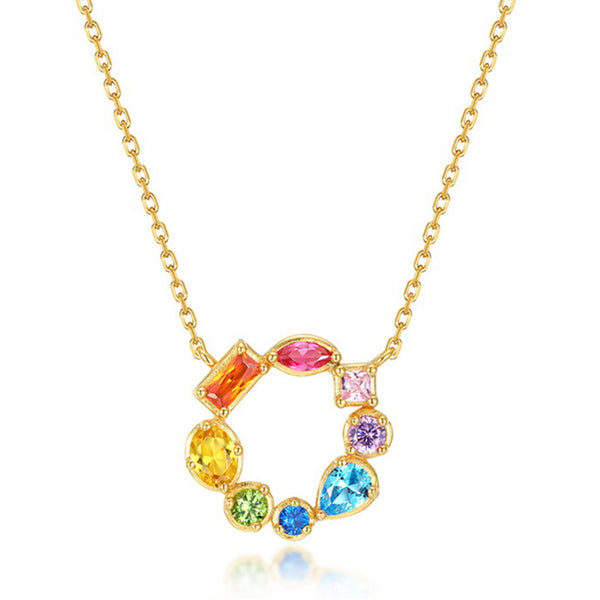 Color Gemstone Cicle Charm Necklace