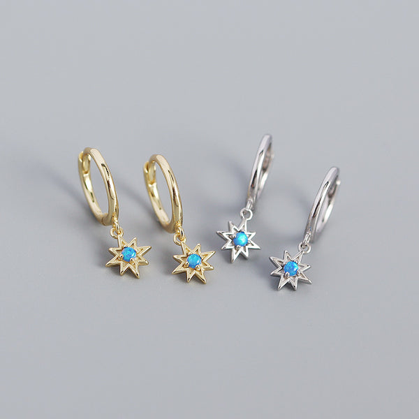 Blue Opal Star Drop Hoop Earrings