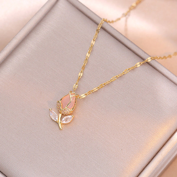 Dainty Pink Tulip Pendant Necklace