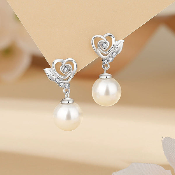 Rose Flower Pearl Drop Earrings