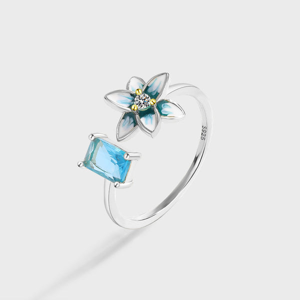 Blue Enamel Flower Open Ring