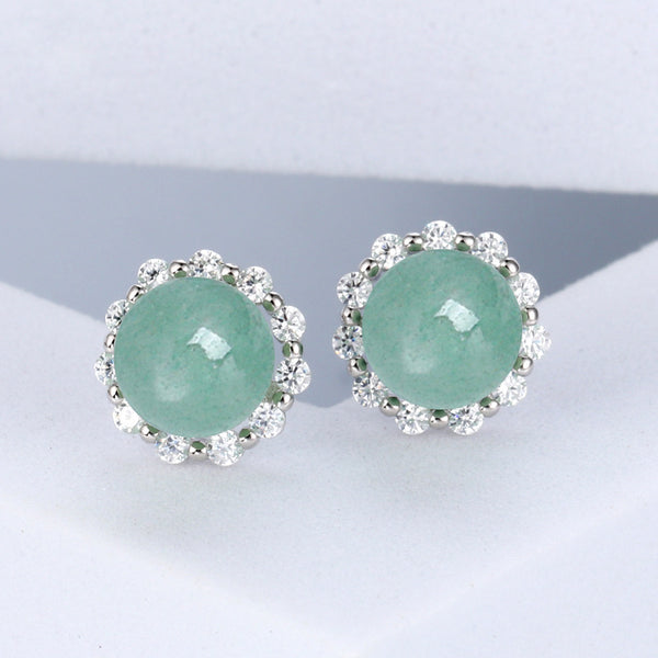 Round Aventurine Halo Stud Earrings