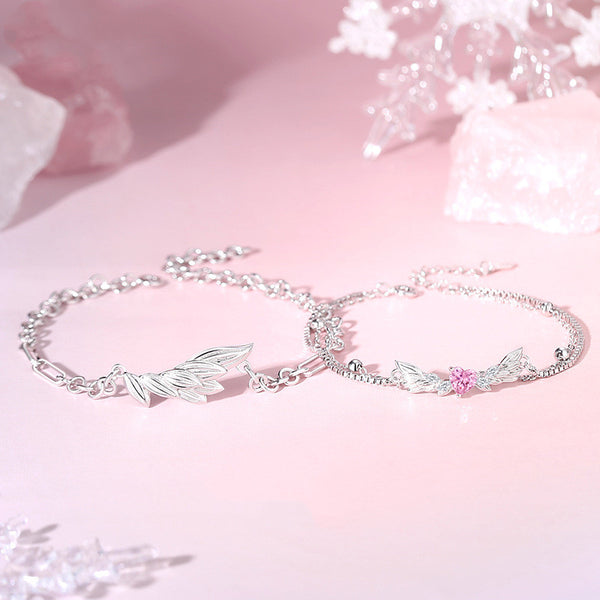 Pink Heart Angel Wing Couple Bracelet