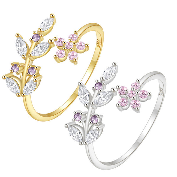 Pink Flower Olive Branch Leaf Ring