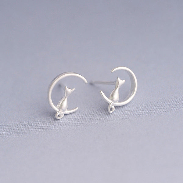 Silver Cat Moon Stud Earrings