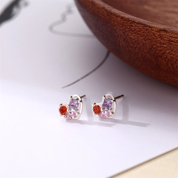 Color Gem Heart Stud Earrings