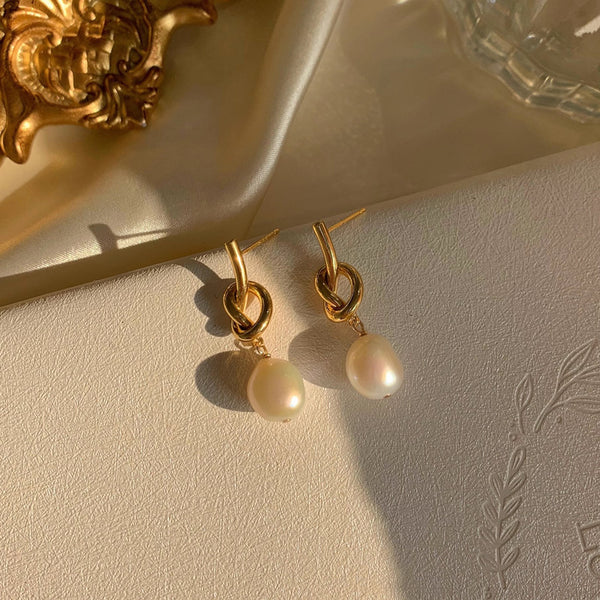 Baroque Pearl Heart Knot Drop Earrings