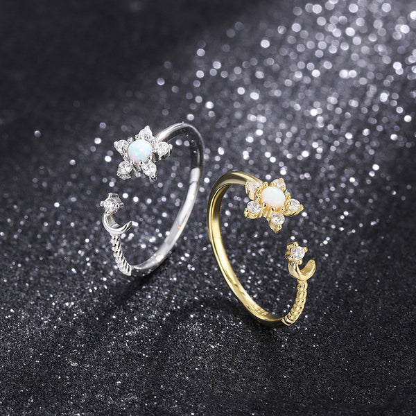 Opal Flower Moon Star Stacking Ring