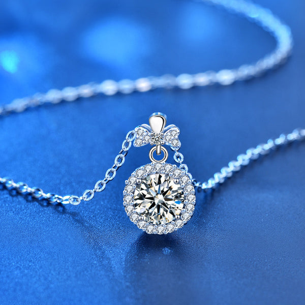 Moissanite Bow Tie Halo Charm Necklace