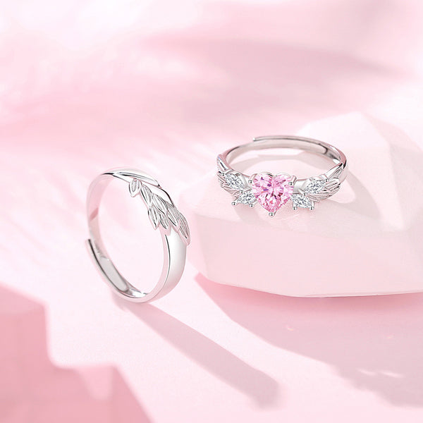 Pink Heart Angel Wing Couple Ring