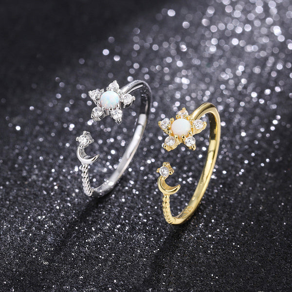 Opal Flower Moon Star Stacking Ring