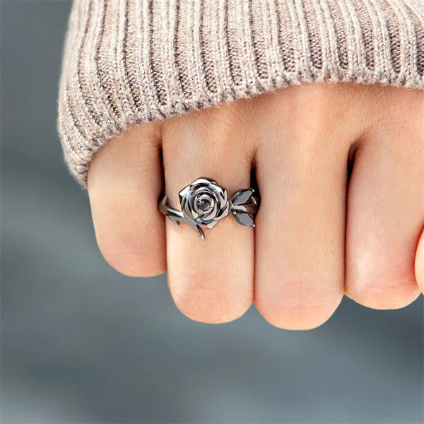 Dainty Black Rose Flower Stacking Ring