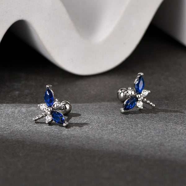 Blue Dragonfly Ball End Stud Earrings