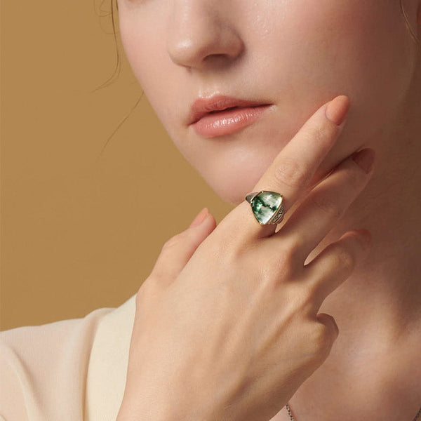 Triangular Moss Agate Statement Ring