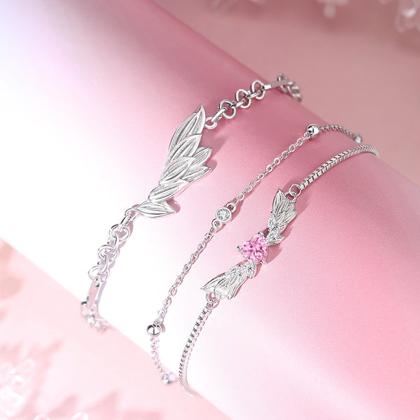 Pink Heart Angel Wing Couple Bracelet