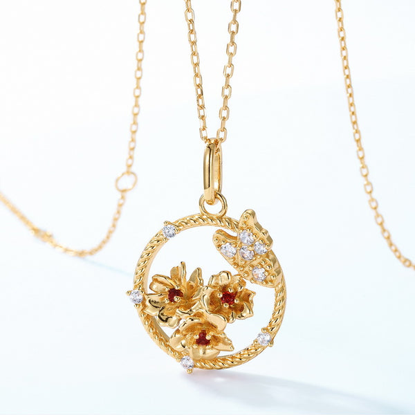 Gold Flower Butterfly Charm Necklace