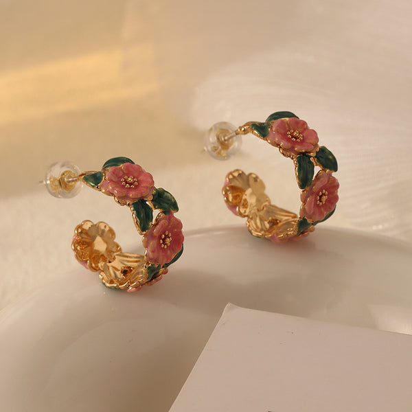 Vintage Camellia Flower Hoop Earrings