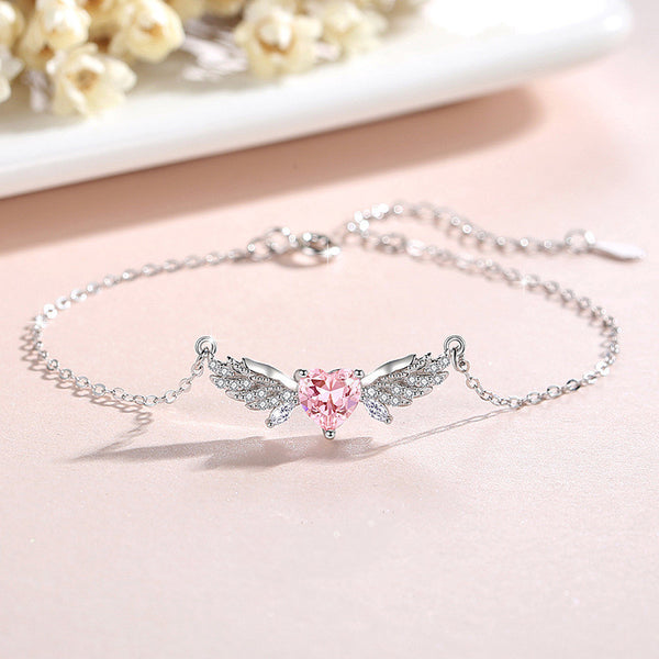 Pink Heart Angel Wing Charm Bracelet