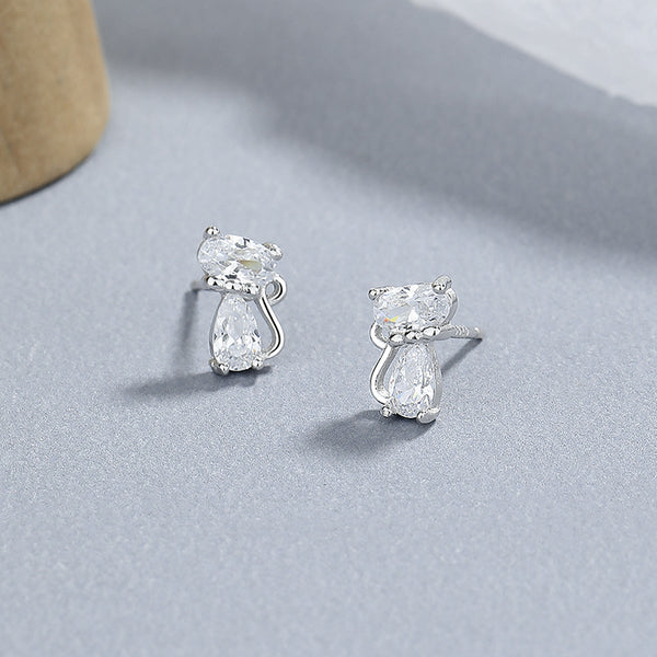 Cute Silver Cat Stud Earrings