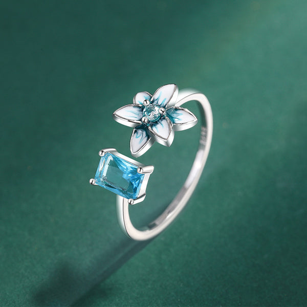 Blue Enamel Flower Open Ring