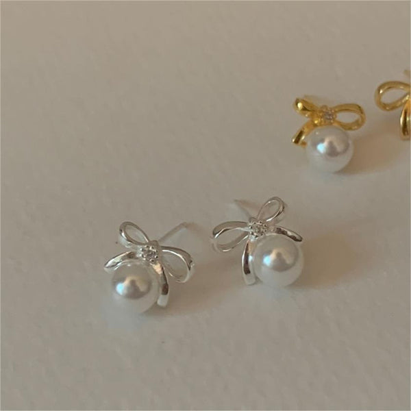 Bow Tie Pearl Stud Earrings