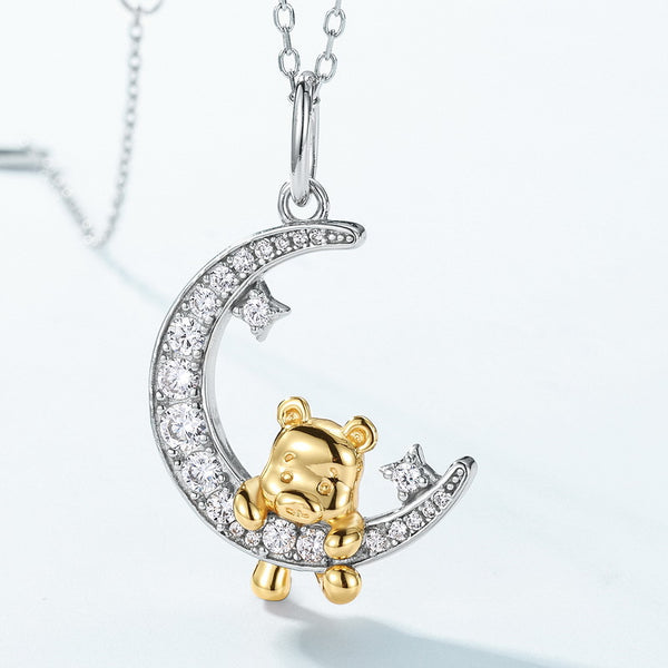 Cute Teddy Bear Moon Necklace