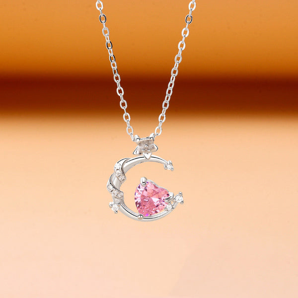 Pink Heart Moon Pendant Necklace