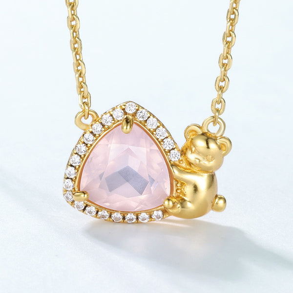 Cute Teddy Bear Rose Quartz Necklace