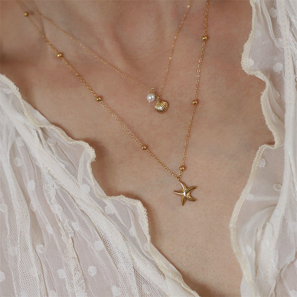 Starfish Seashell Double Layering Necklace