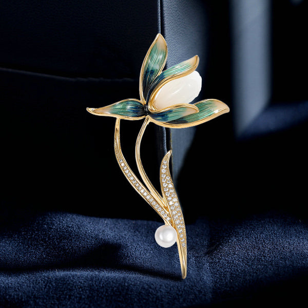 Magnolia Flower Pearl Wedding Brooch