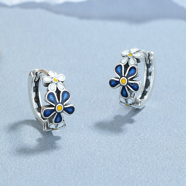 Blue Flower Huggie Hoop Earrings