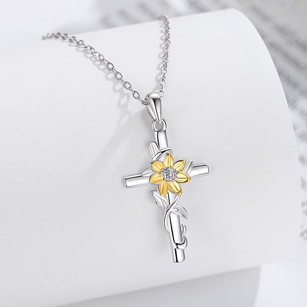 Gold Sunflower Cross Necklace