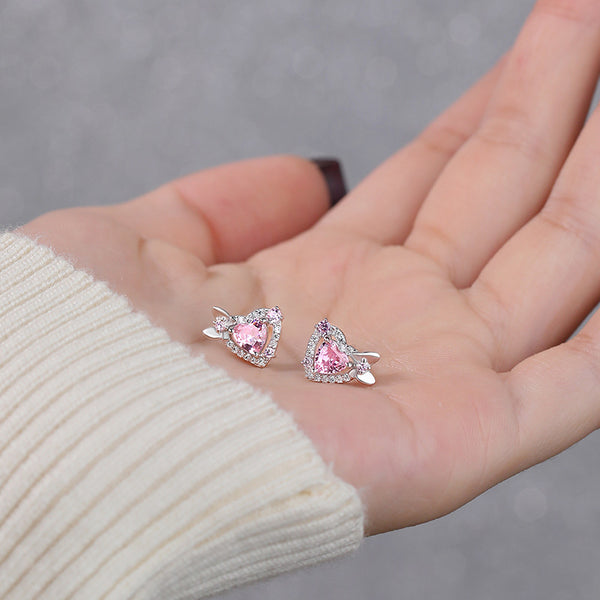 Dainty Pink Heart Butterfly Stud Earrings