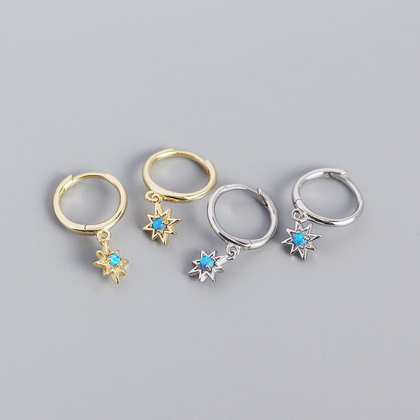 Blue Opal Star Drop Hoop Earrings