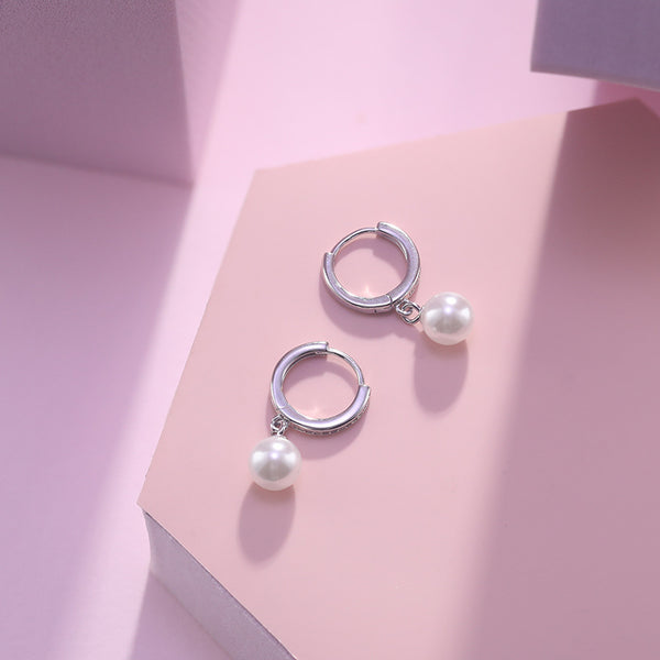 Round Pearl Drop Hoop Earrings