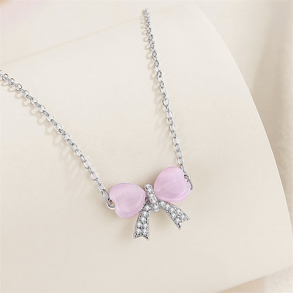 Pink Opal Bow Tie Bowknot Necklace