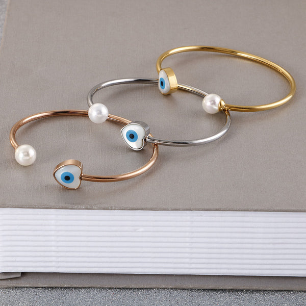 Evil Eye Heart Pearl Bangle Bracelet